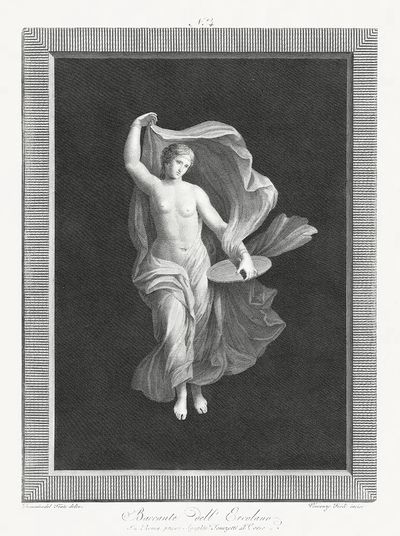 partly nude bacchante holding disk. poster