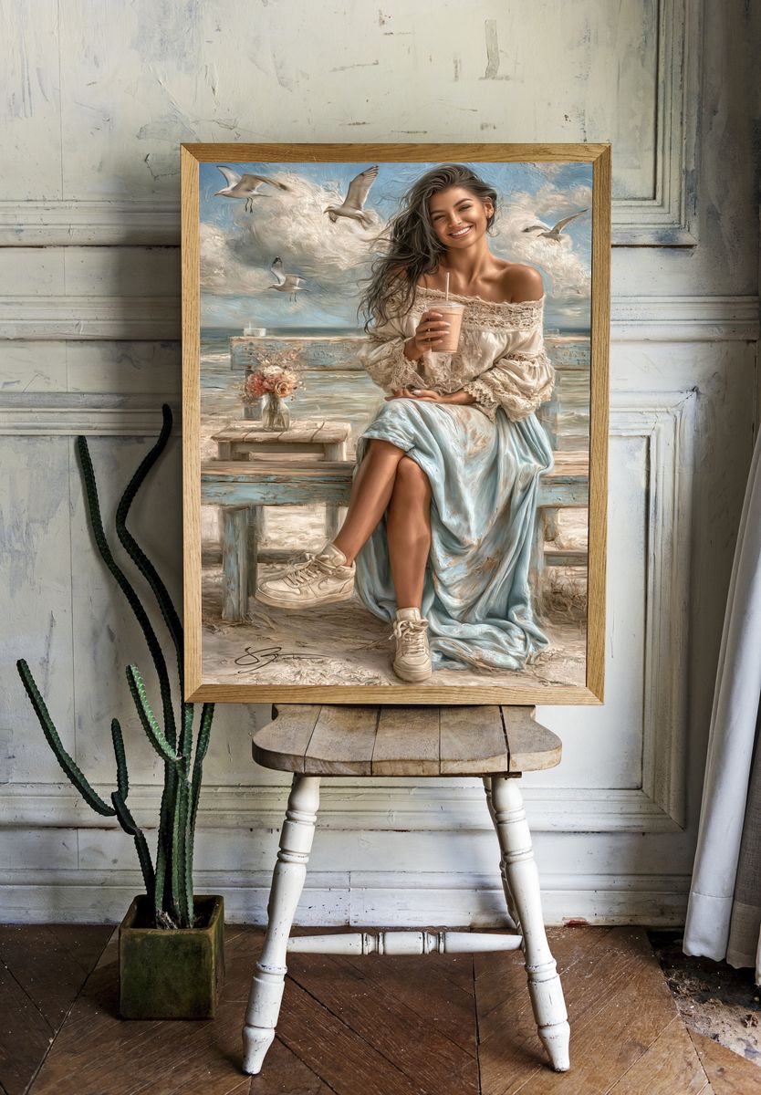 Seaside Woman with Seagulls Poster. — room view 1