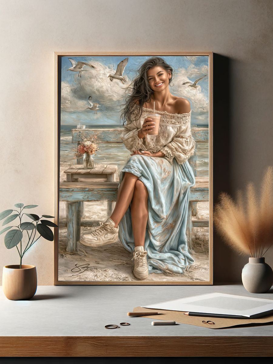 Seaside Woman with Seagulls Poster. — room view 2