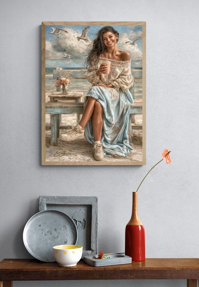 Seaside Woman with Seagulls Poster. — room view 3