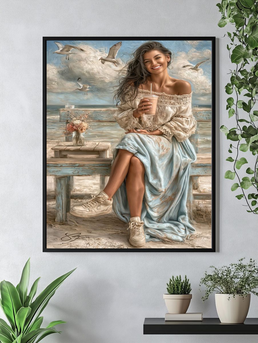 Seaside Woman with Seagulls Poster. — room view 4