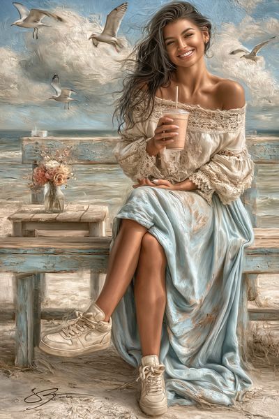 Seaside Woman with Seagulls Poster.
