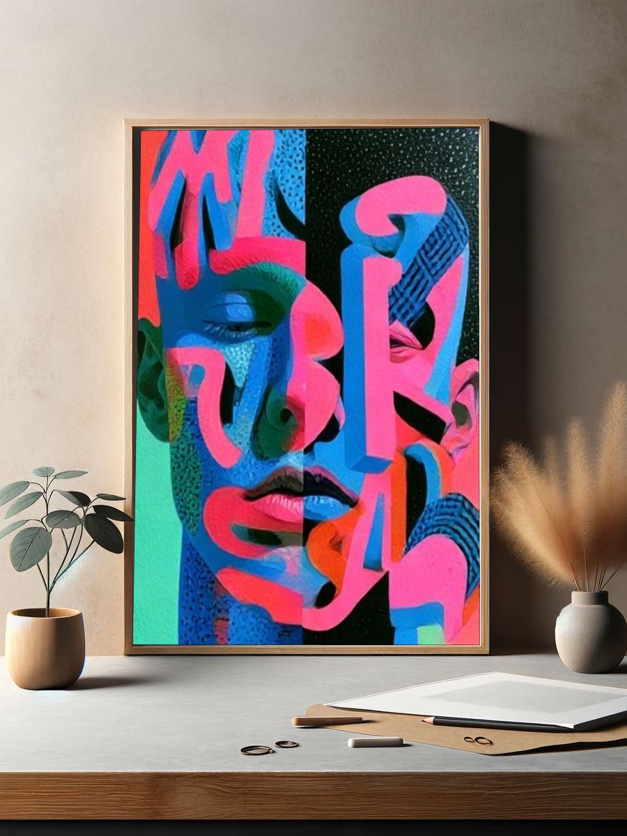 Neon Cubist Face Poster. — room view 2