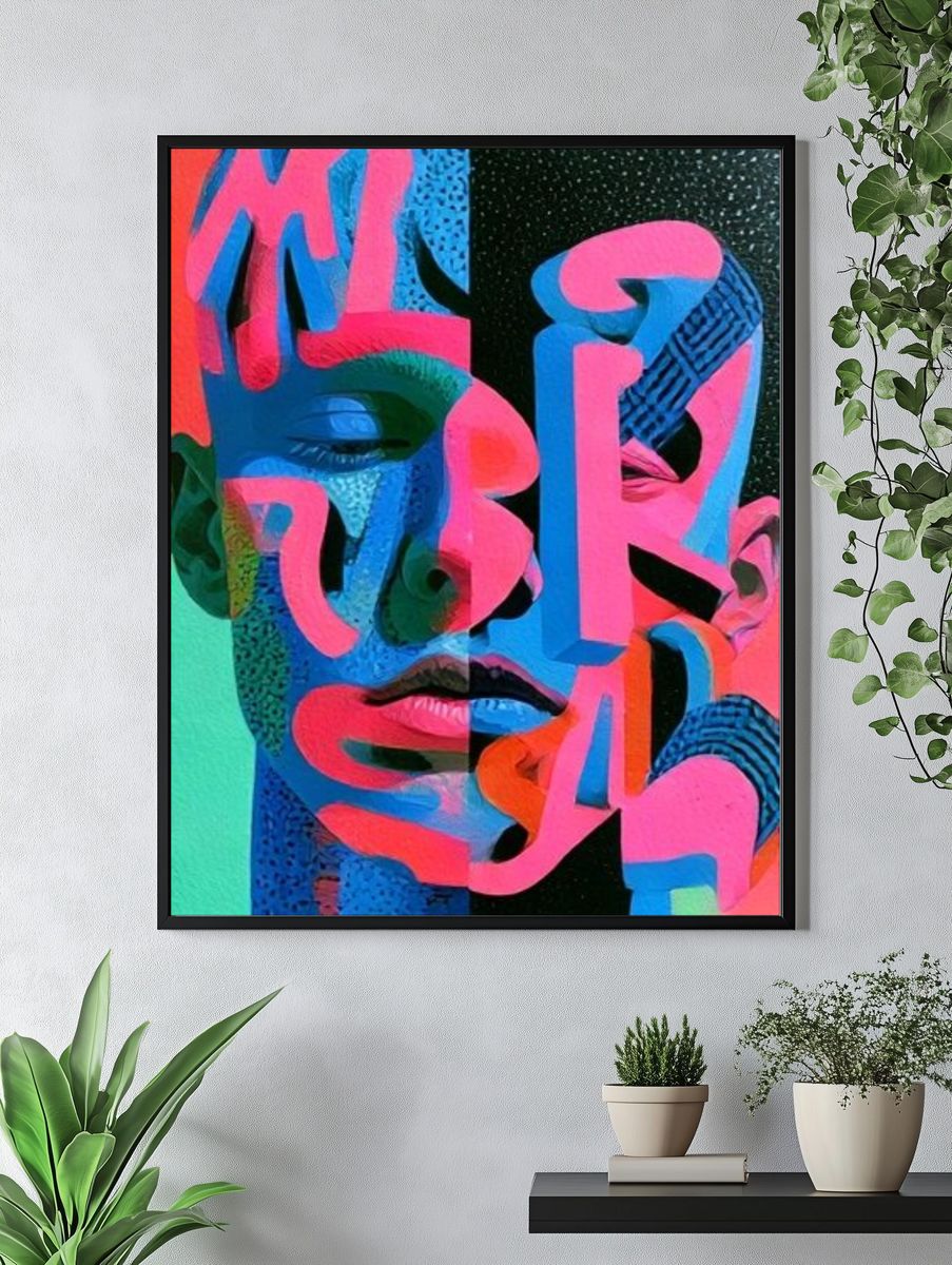 Neon Cubist Face Poster. — room view 4