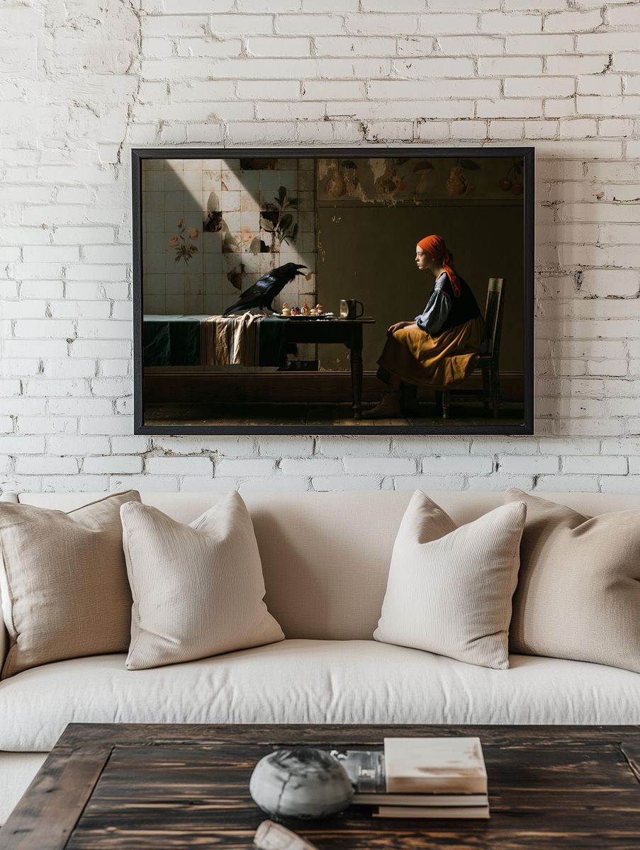 Girl and Raven Surrealism Print. — room view 1