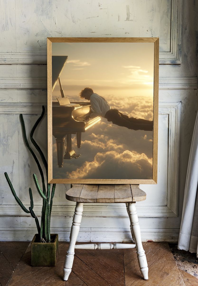Piano Above the Clouds Surrealism Print. — room view 1