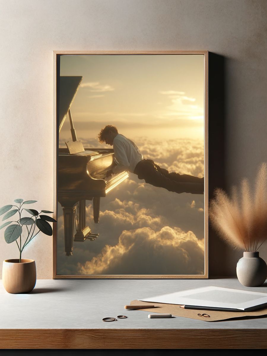 Piano Above the Clouds Surrealism Print. — room view 2
