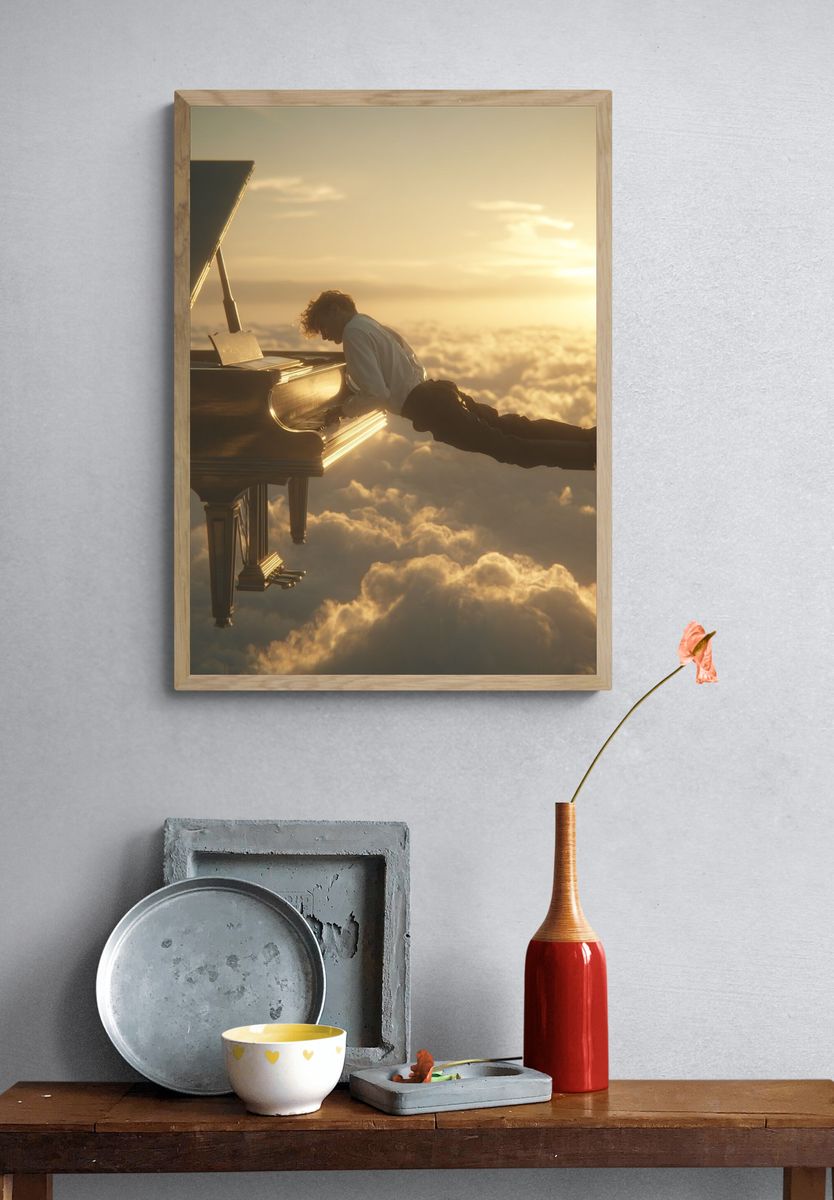 Piano Above the Clouds Surrealism Print. — room view 3