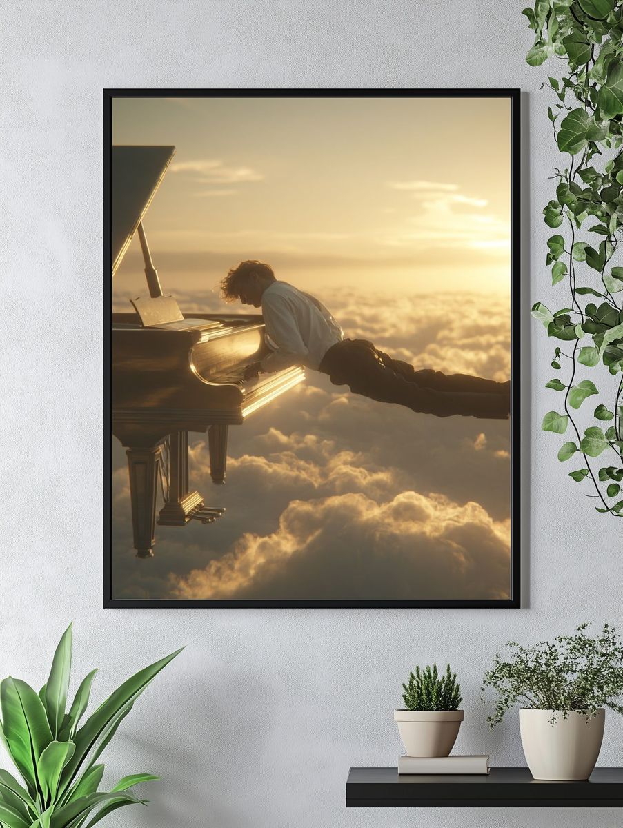 Piano Above the Clouds Surrealism Print. — room view 4