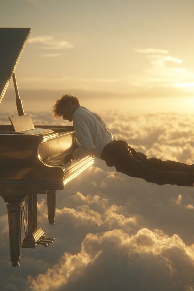 Piano Above the Clouds Surrealism Print.