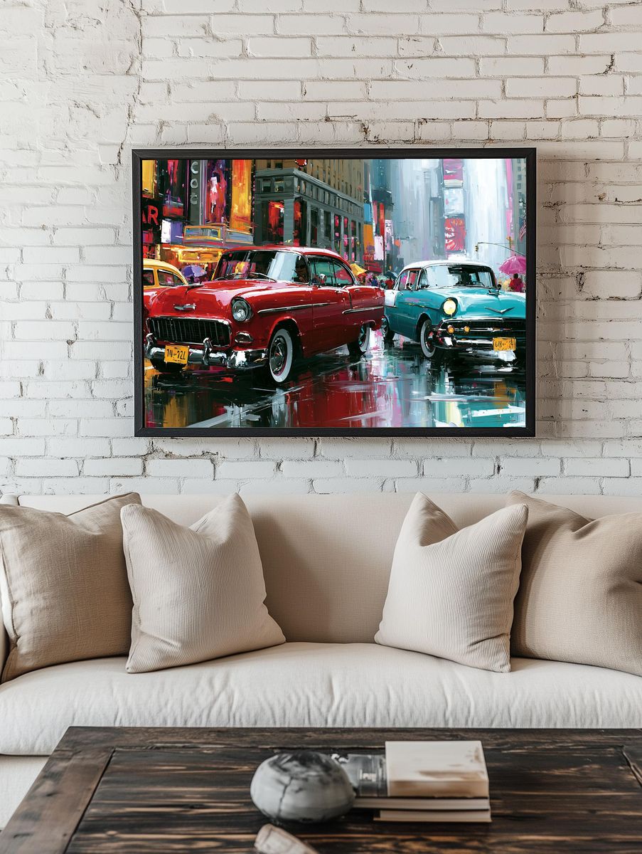 Classic Cars in Times Square Print. — room view 1