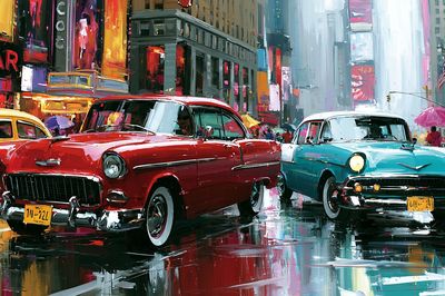 Classic Cars in Times Square Print. poster