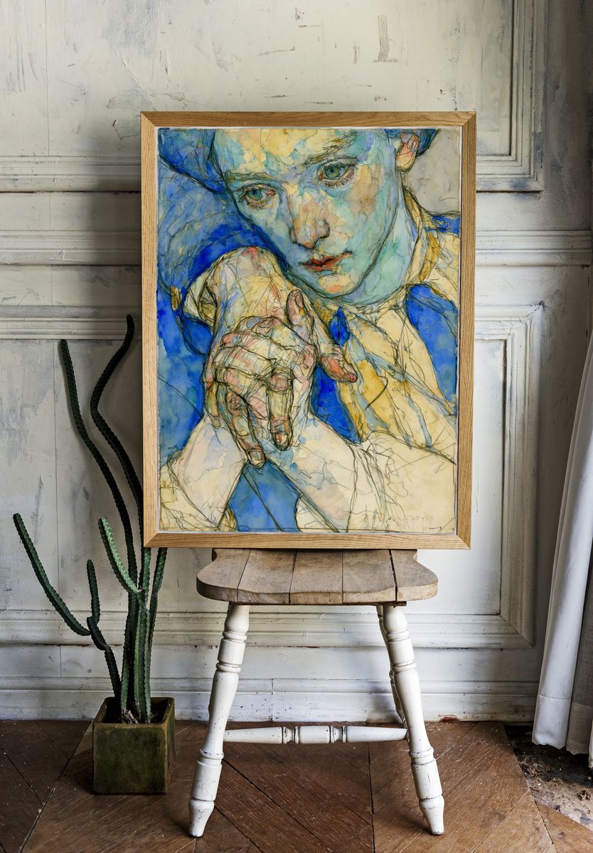 Blue Portrait Watercolor Print. room preview