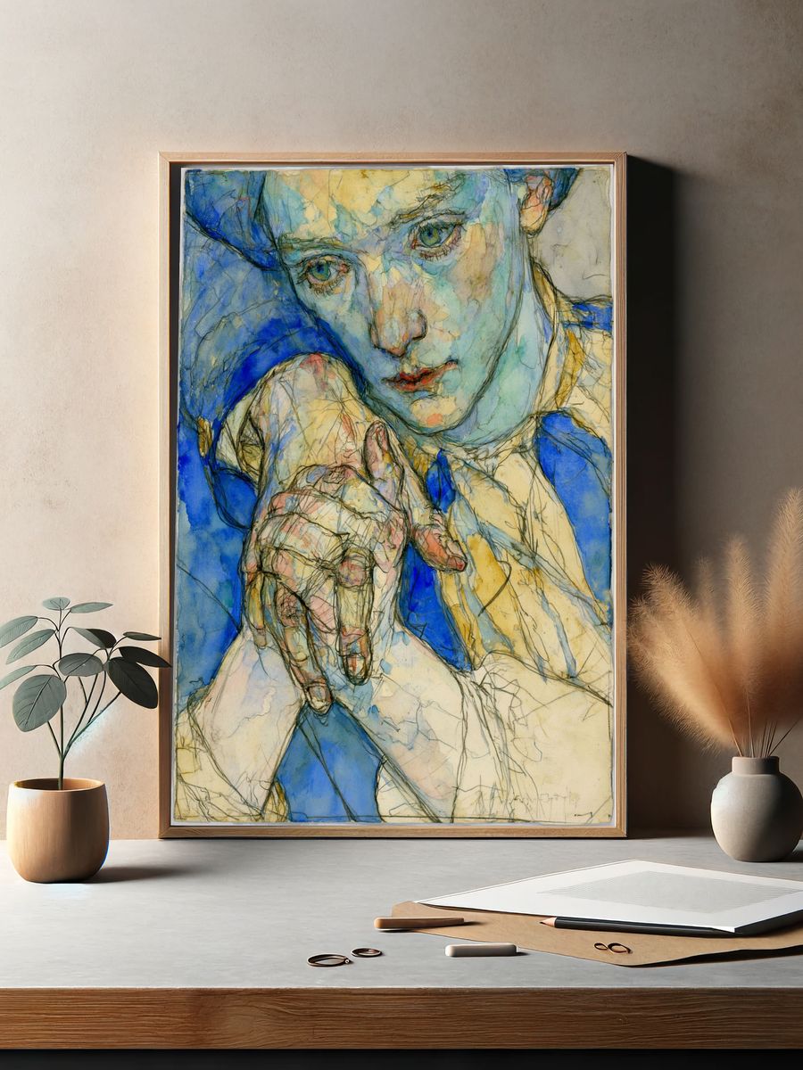 Blue Portrait Watercolor Print. — room view 2