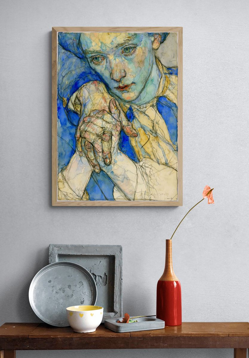 Blue Portrait Watercolor Print. — room view 3