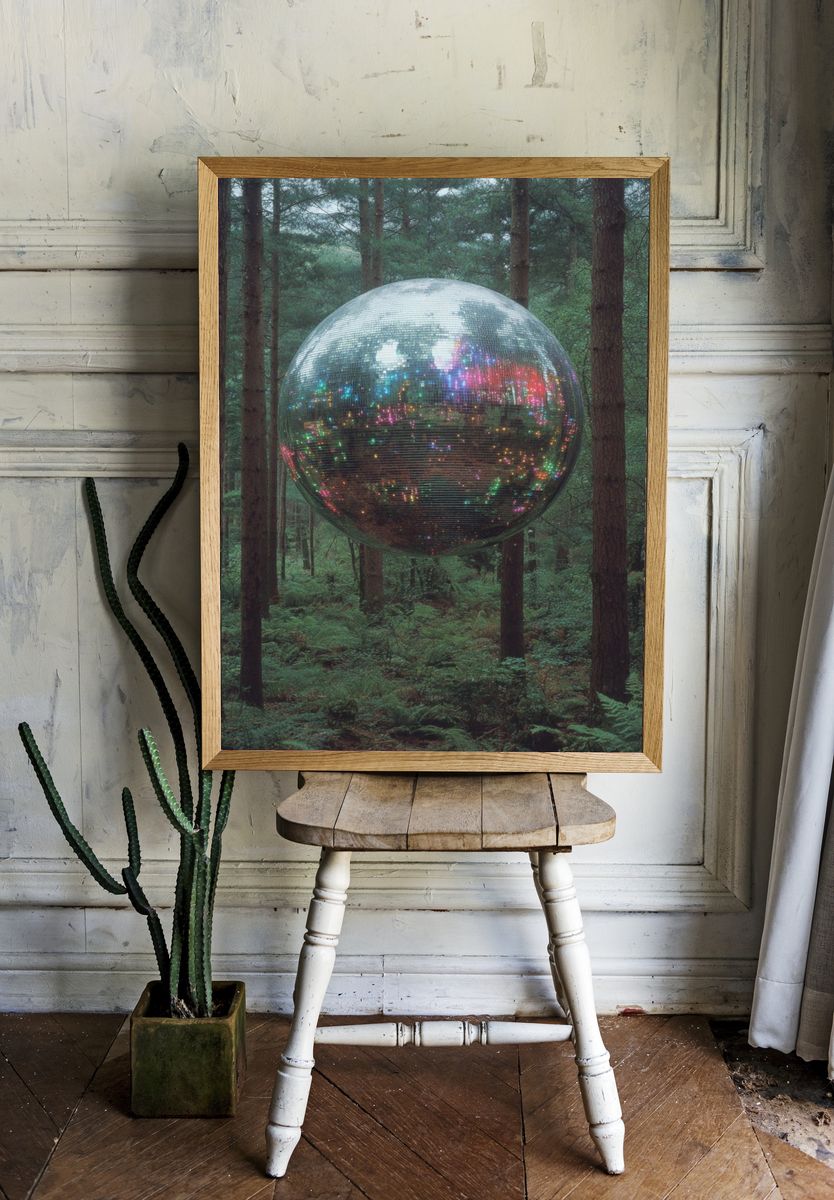 Disco Ball Forest Surreal Print. — room view 1