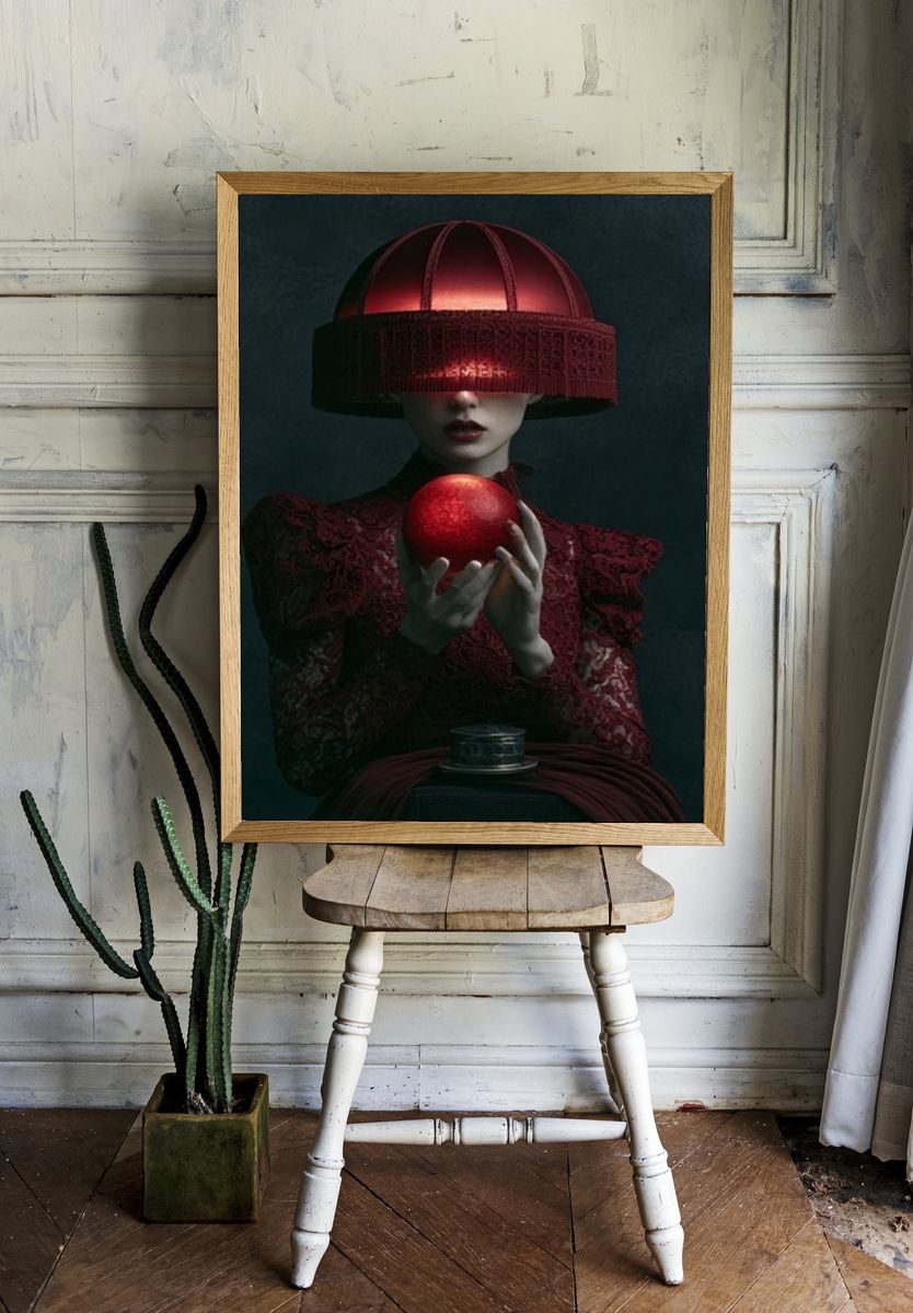 Crimson Orb Surreal Portrait Print. — room view 1