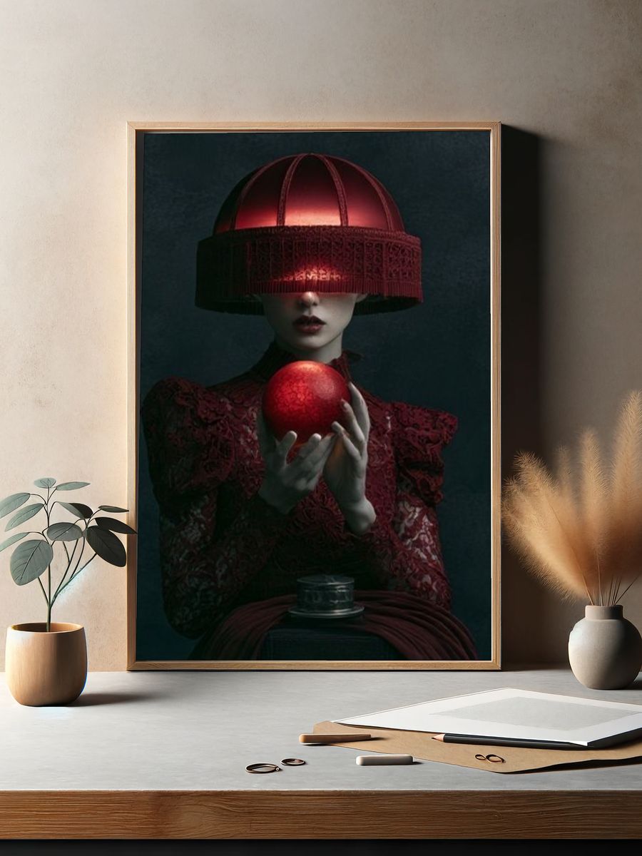 Crimson Orb Surreal Portrait Print. — room view 2