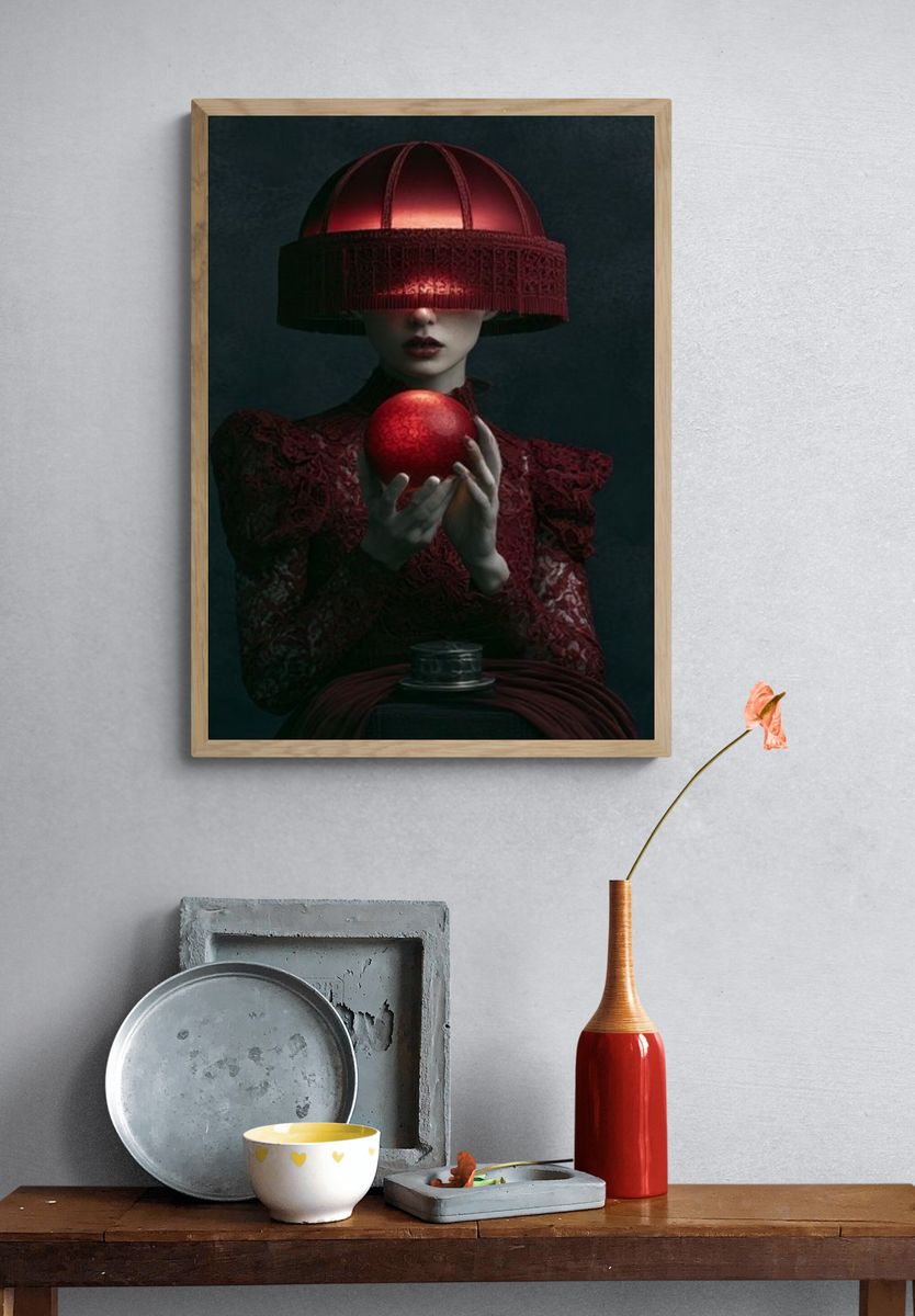 Crimson Orb Surreal Portrait Print. — room view 3
