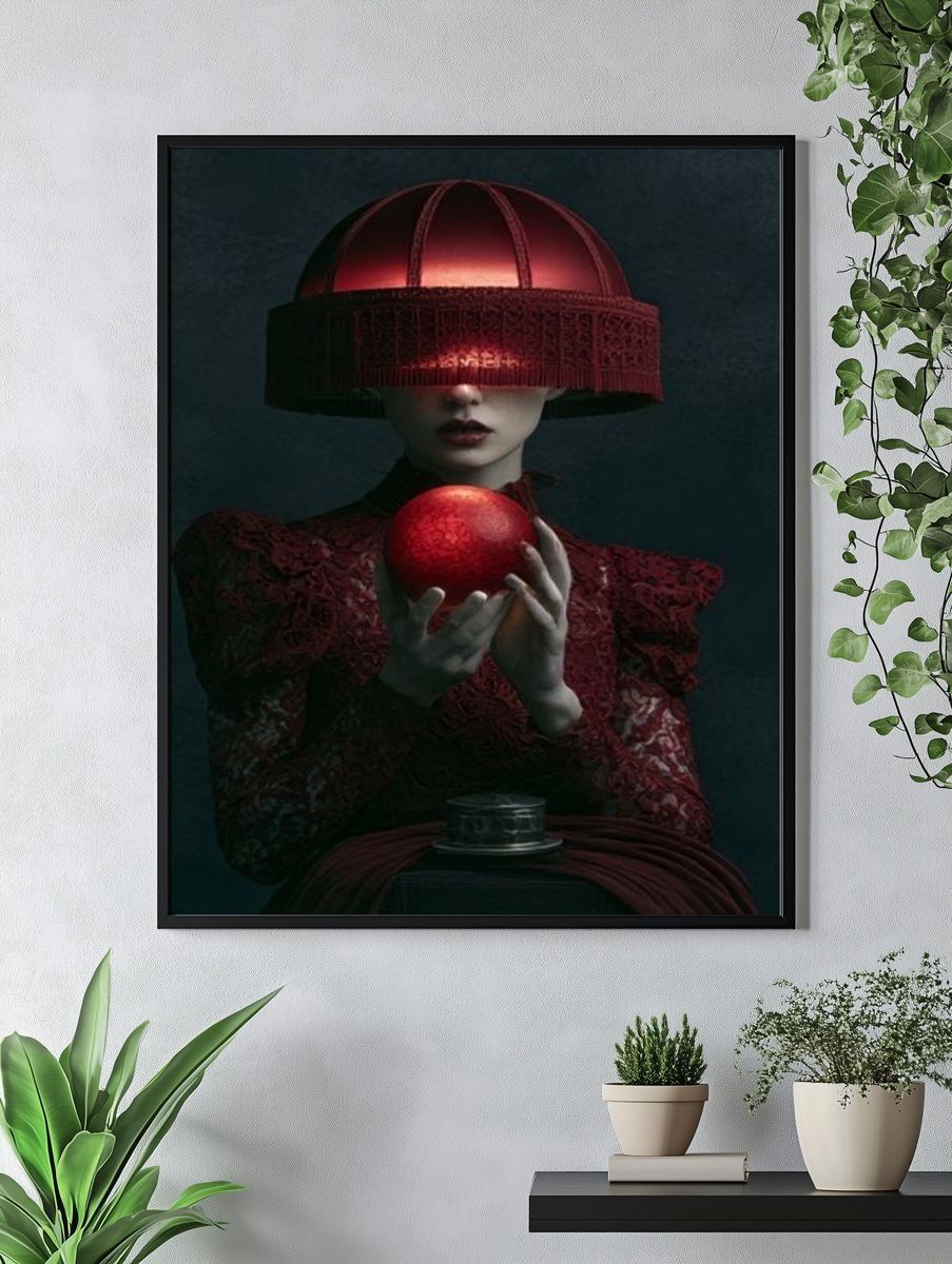 Crimson Orb Surreal Portrait Print. — room view 4