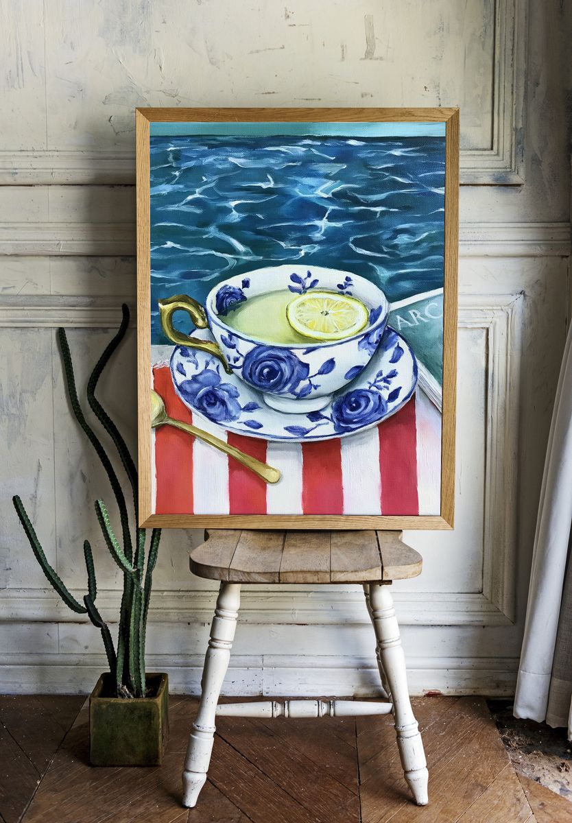 Blue Floral Teacup Still Life Print. — room view 1