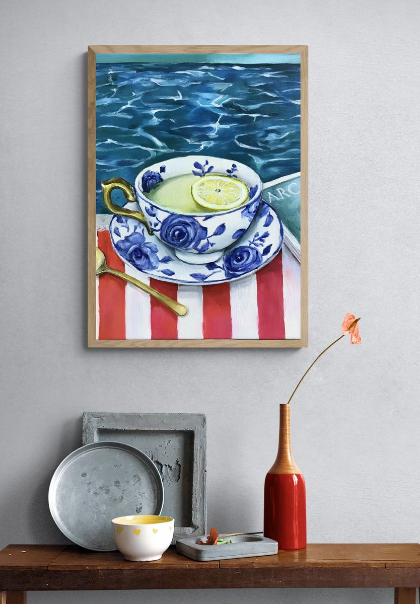 Blue Floral Teacup Still Life Print. — room view 3
