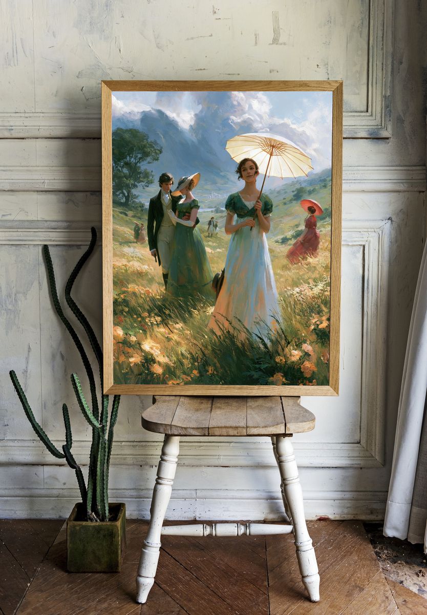Victorian Meadow Stroll Illustration Poster. room preview