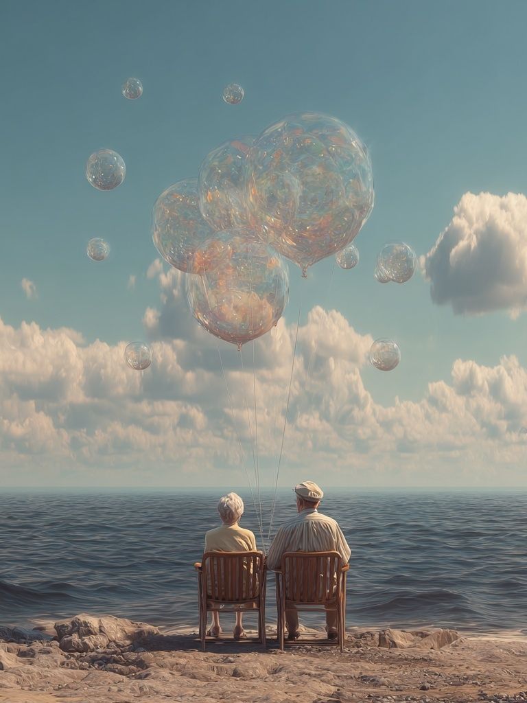 Dreamy Seaside Balloons Surrealism Print. poster detail
