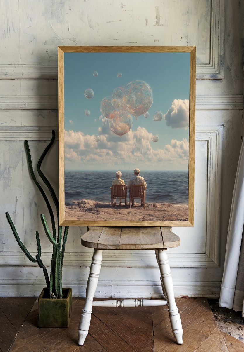 Dreamy Seaside Balloons Surrealism Print. — room view 1