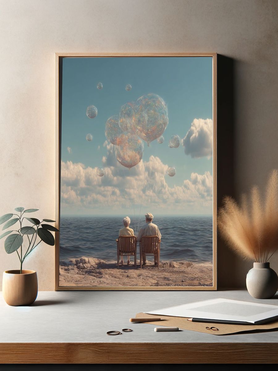 Dreamy Seaside Balloons Surrealism Print. — room view 2