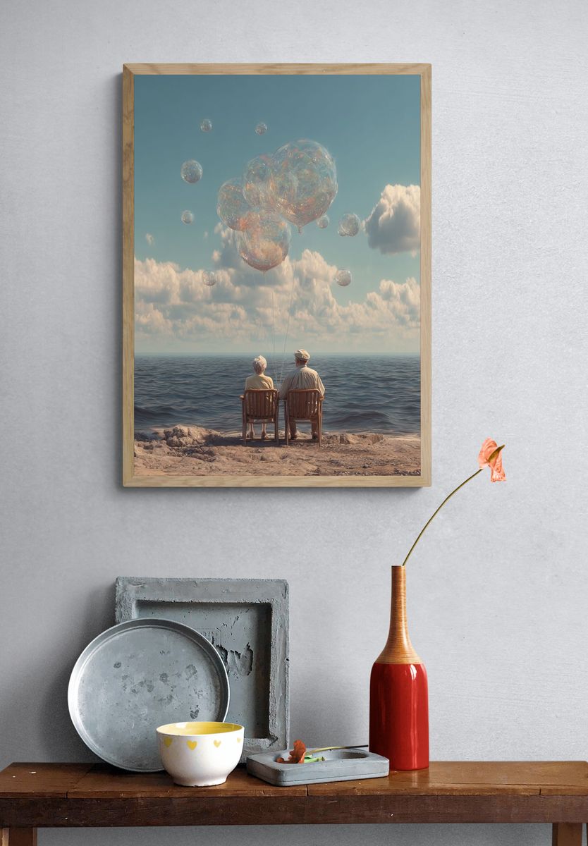 Dreamy Seaside Balloons Surrealism Print. — room view 3