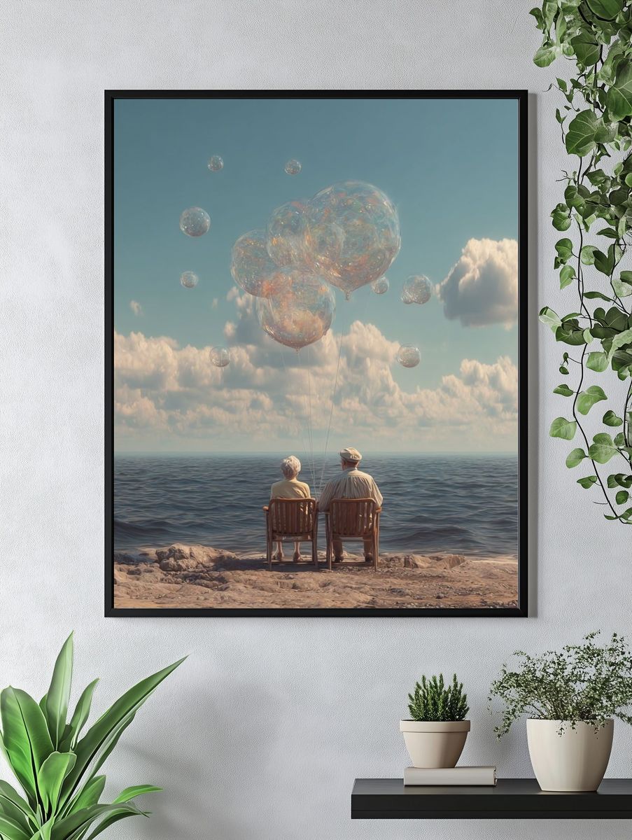 Dreamy Seaside Balloons Surrealism Print. — room view 4