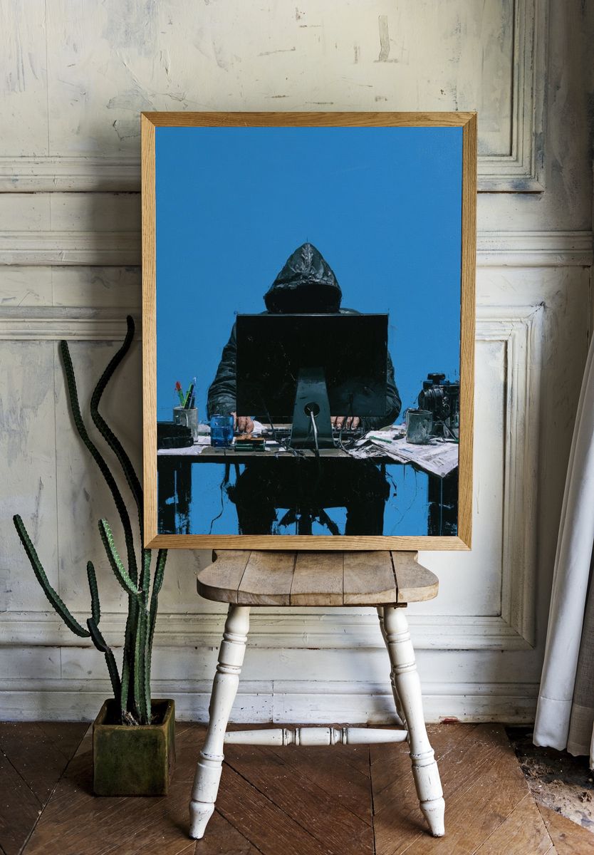 Hooded Figure at Desk — Contemporary Print. room preview