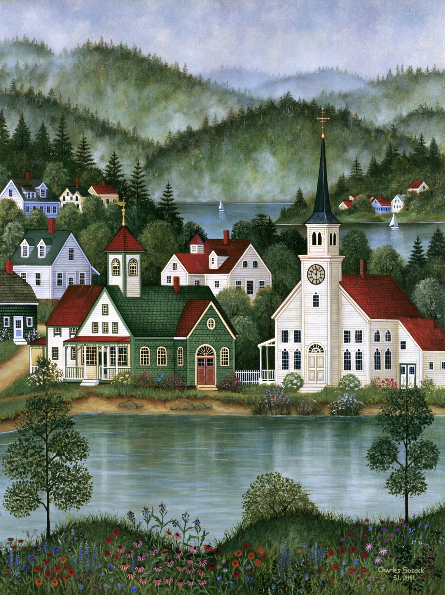 New England Village Landscape Print. poster — fine-art art