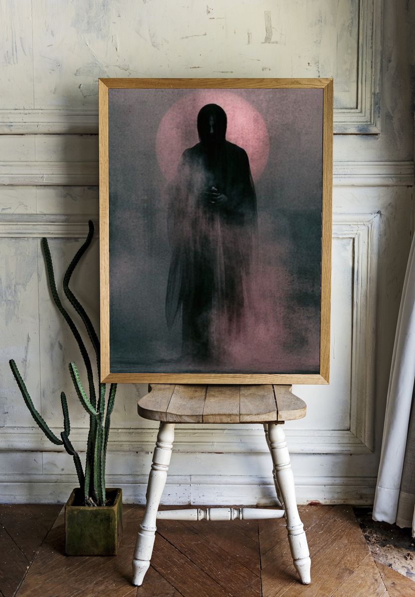 Hooded Figure in Pink Mist Poster. room preview
