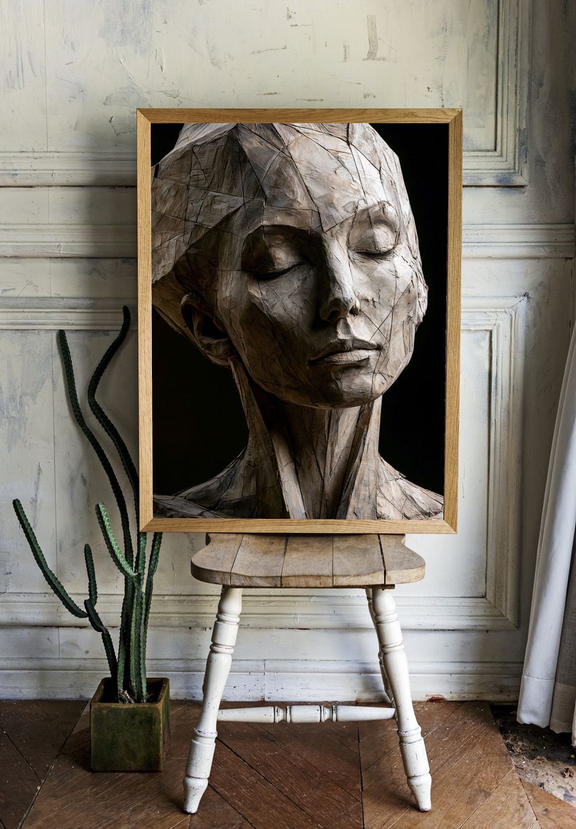 Wooden Face Sculpture Print. room preview