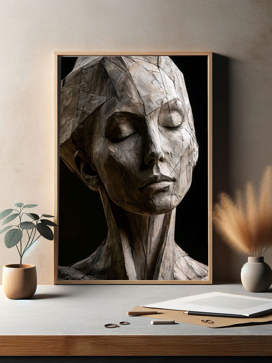 Wooden Face Sculpture Print. — room view 2