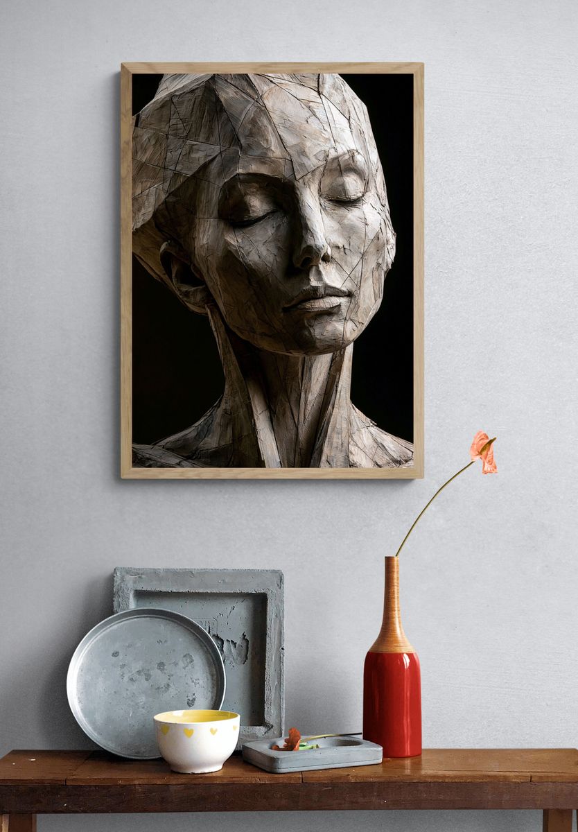 Wooden Face Sculpture Print. — room view 3