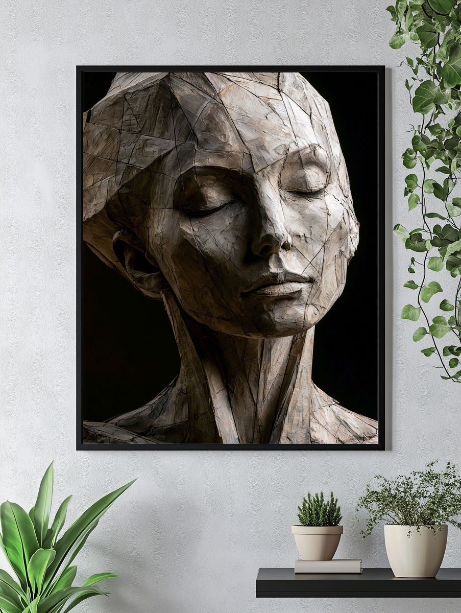 Wooden Face Sculpture Print. — room view 4