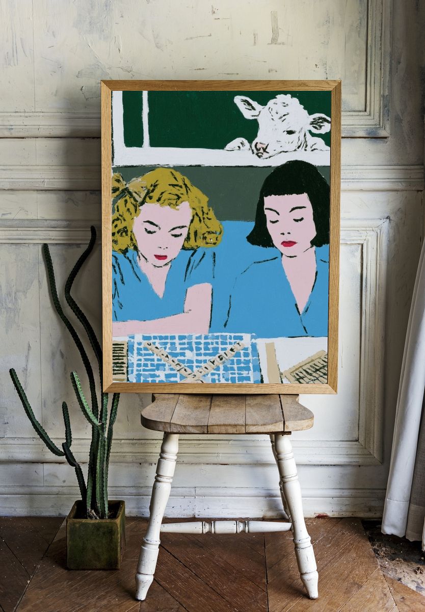 Two Women with Calf — Fine-Art Print. — room view 1