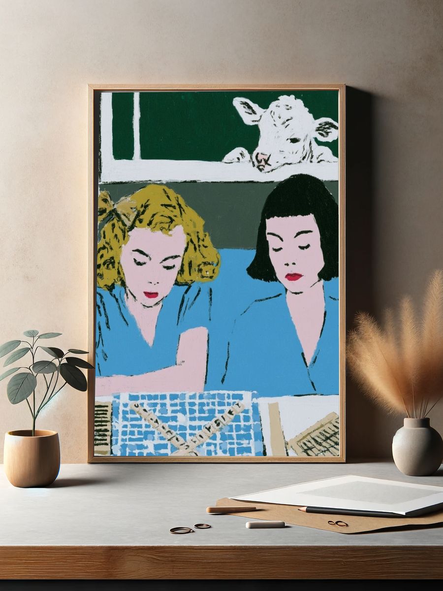 Two Women with Calf — Fine-Art Print. — room view 2