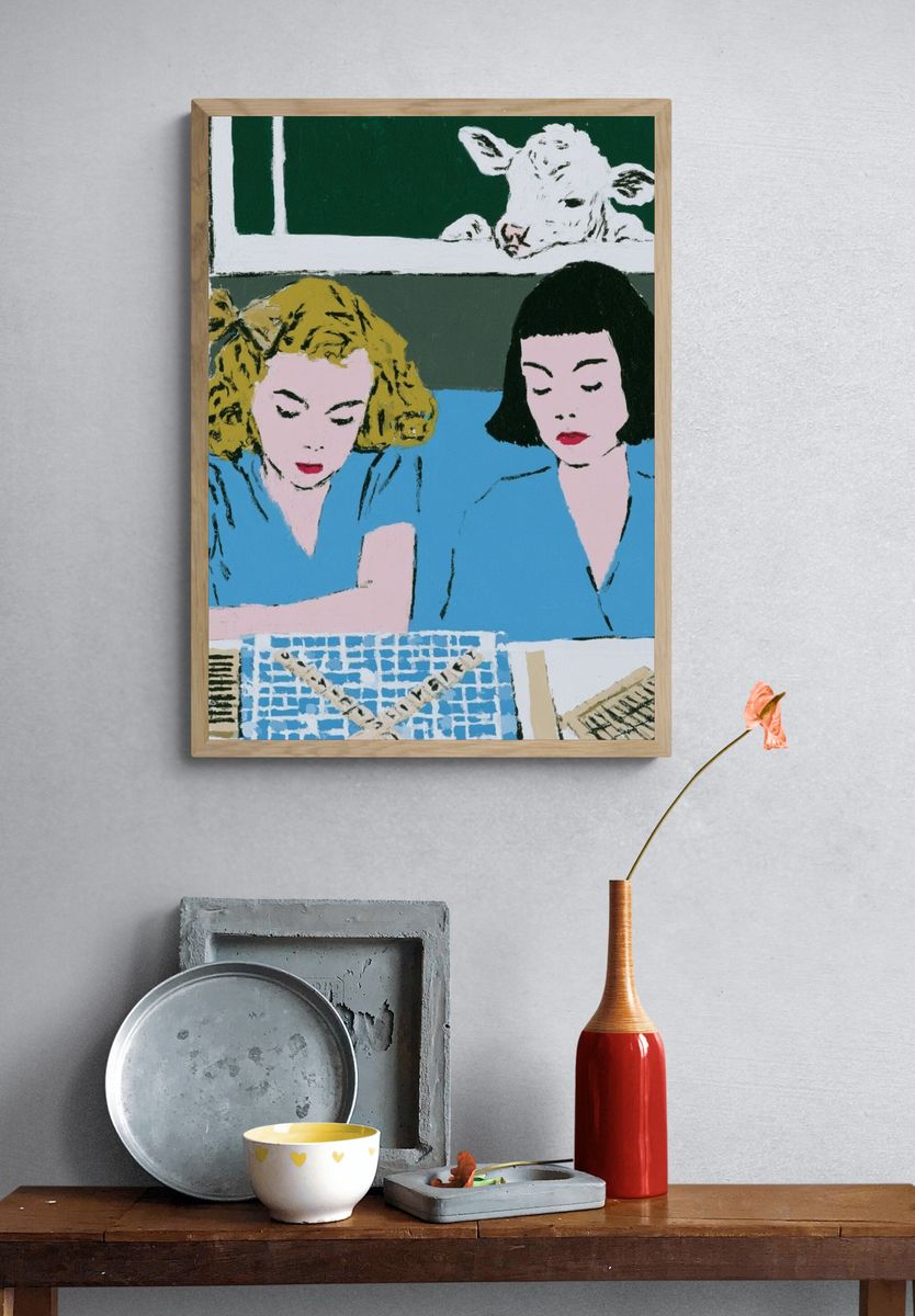 Two Women with Calf — Fine-Art Print. — room view 3