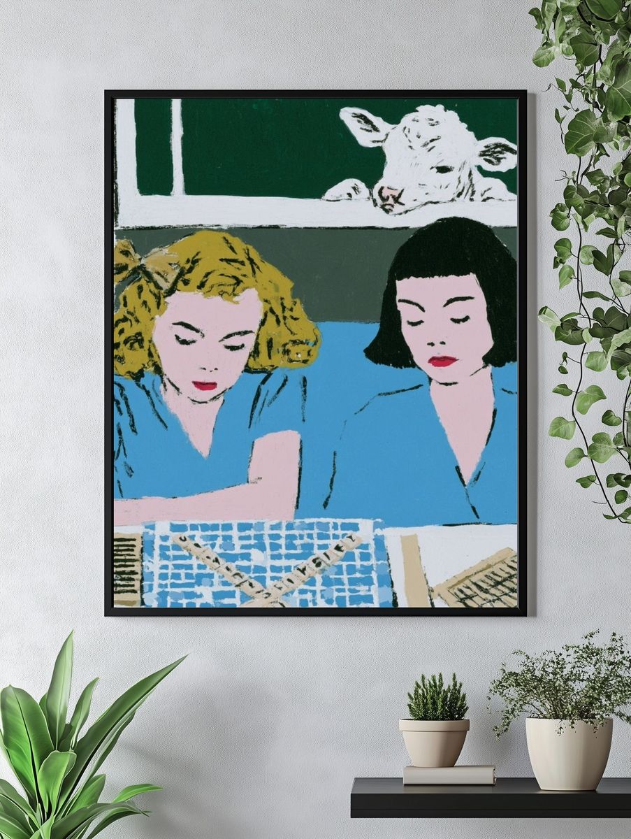 Two Women with Calf — Fine-Art Print. — room view 4