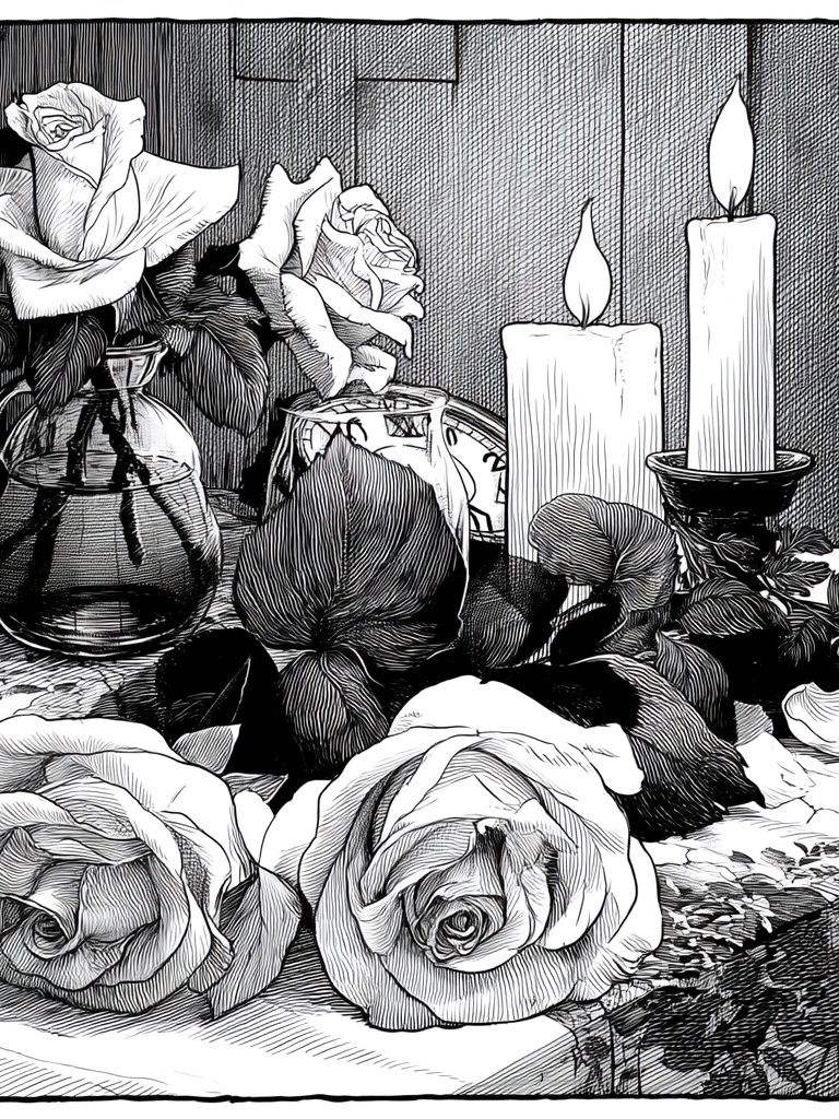 Roses and Candles Ink Print. poster detail