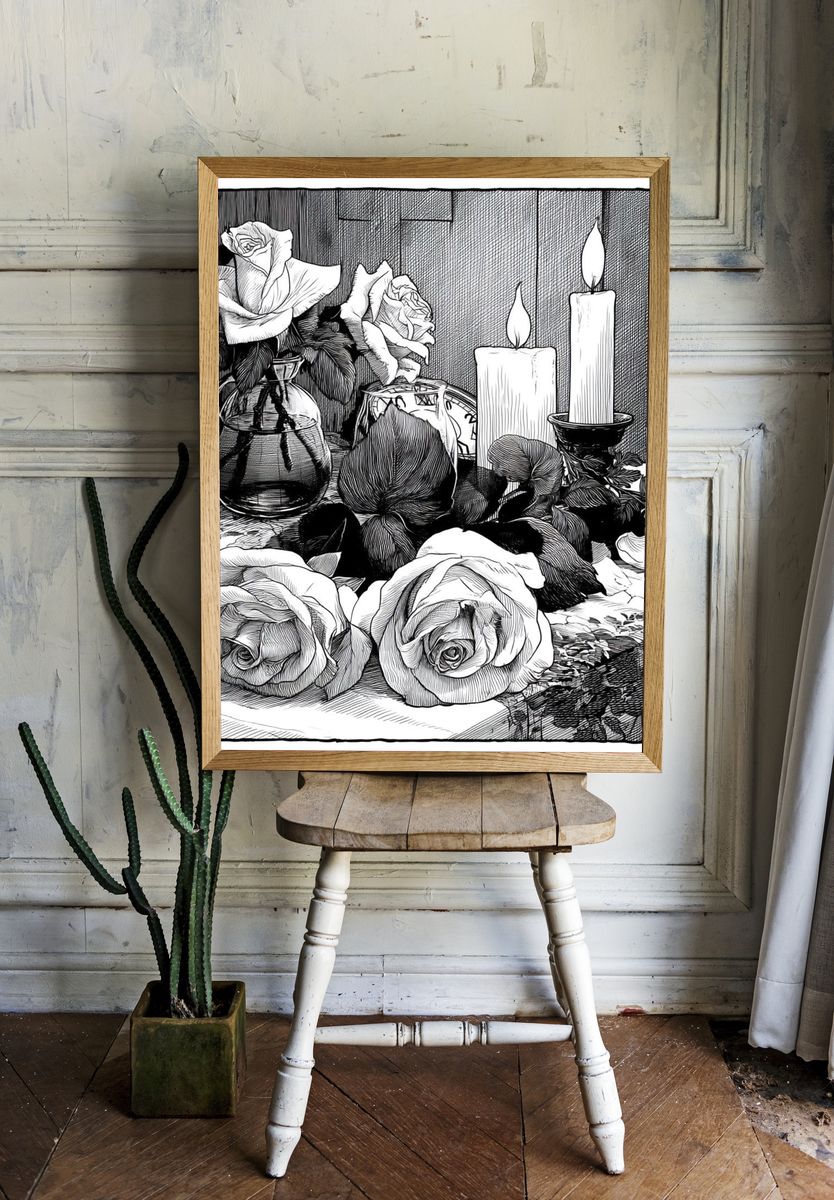 Roses and Candles Ink Print. room preview