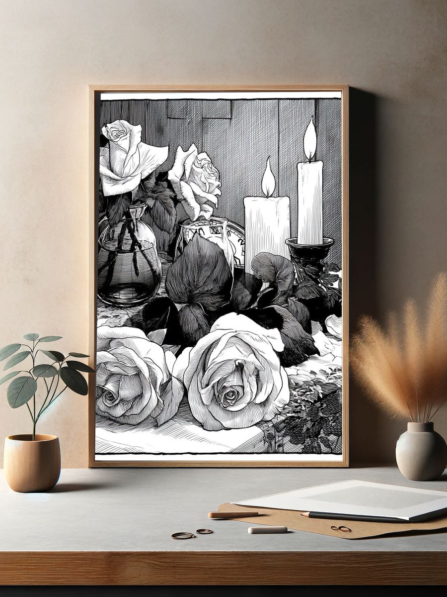 Roses and Candles Ink Print. — room view 2