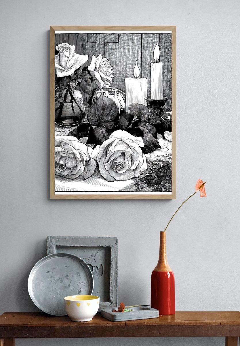 Roses and Candles Ink Print. — room view 3
