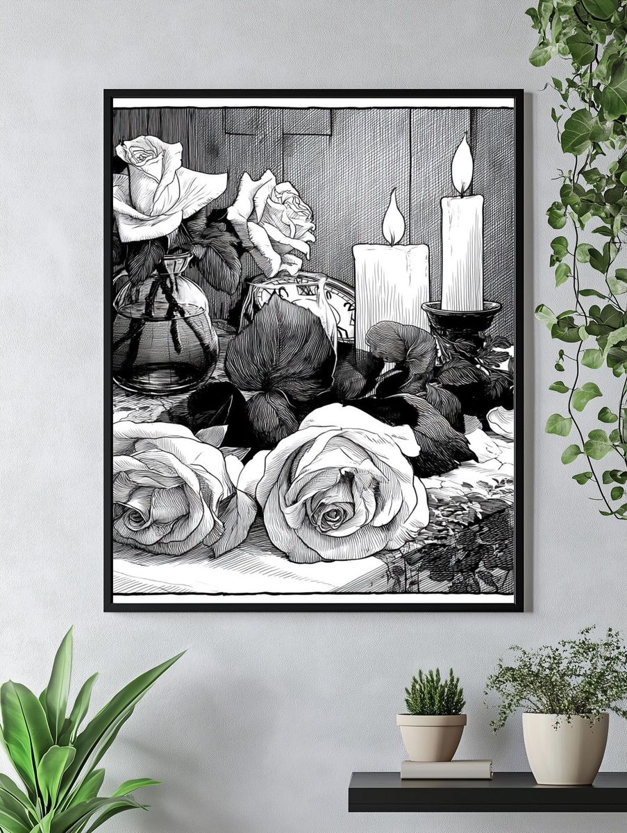 Roses and Candles Ink Print. — room view 4