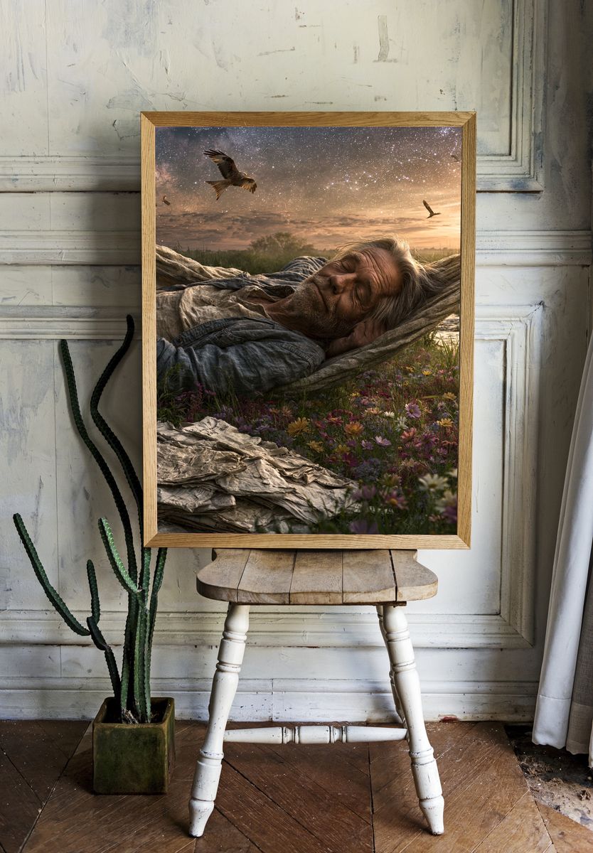 Dreaming Man Under Starry Sky Poster. room preview
