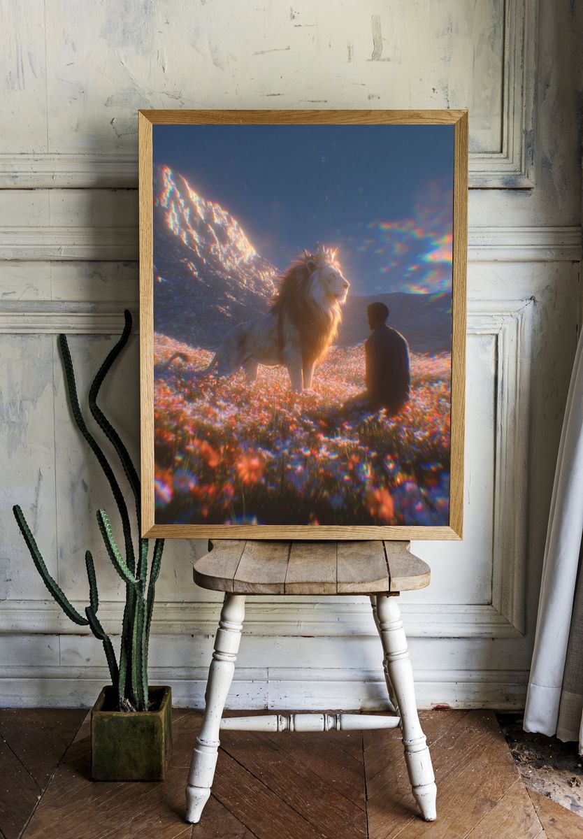 Lion and Seated Figure Surreal Print. room preview